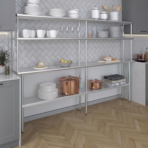 Image of AmGood Stainless Steel Work Table with 12 inch Wide Double Tier Overshelf | Metal Kitchen Prep Table & Shelving Combo | NSF (Stainless Steel Table with Double Overshelves, 96 inch Long x 14 inch Deep)