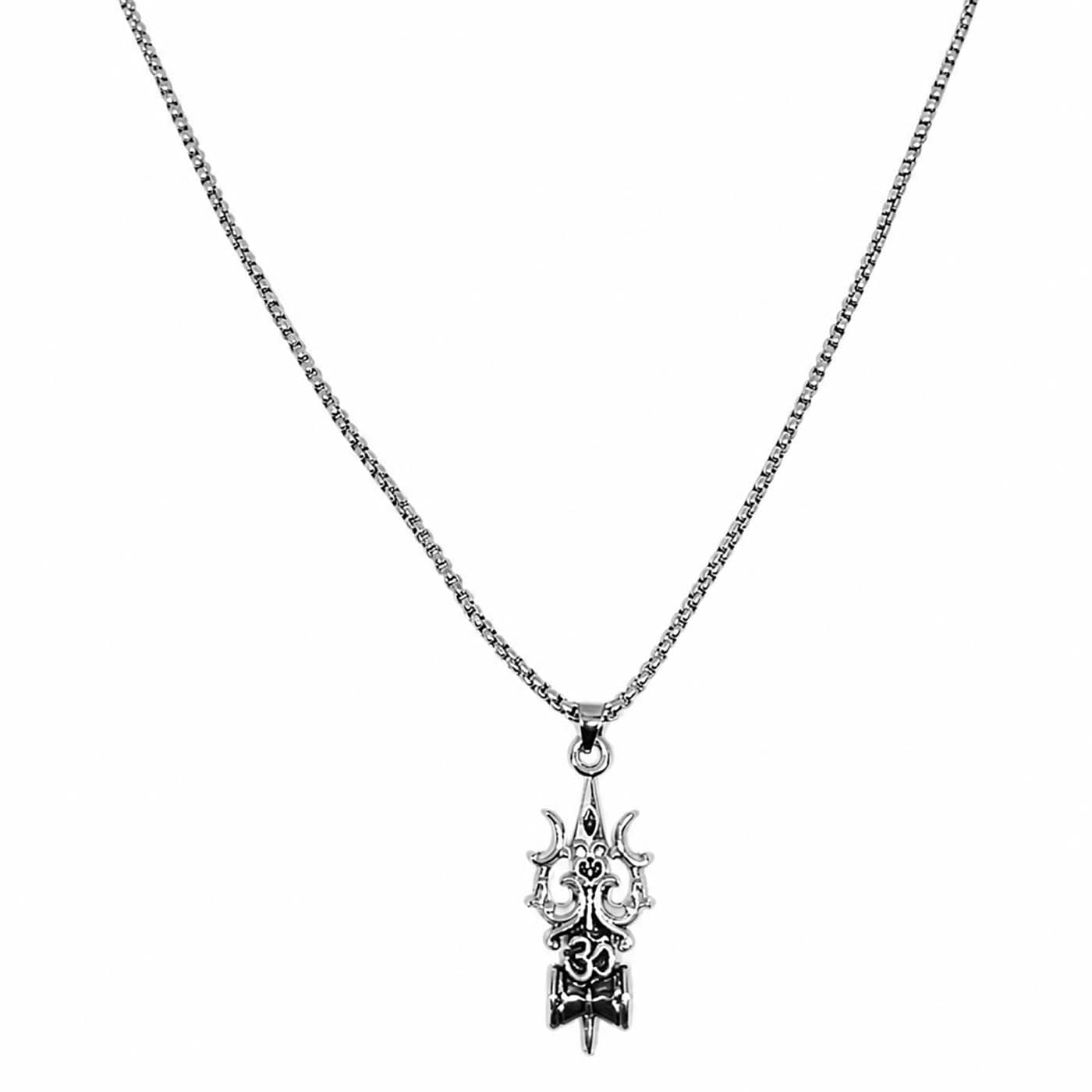 Fancy & Stylish Trending Stainless Steel Silver Divine Lord Shiva/Mahakal Trishul Damru Om Pendant Religious Necklace Locket with Round Box Chain for Men & Boys Jewellery Set-image-32