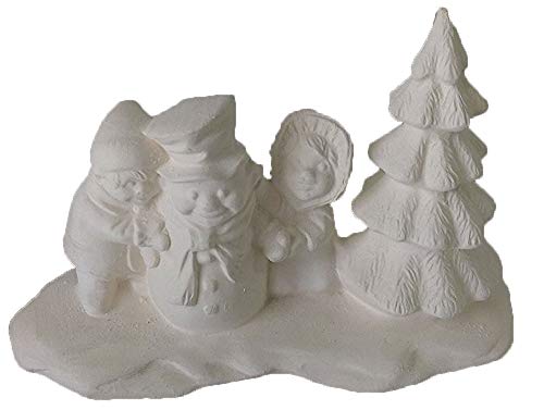 Village People Kids w/Snowman and Tree 5" x 3" x 2 1/2" Ceramic Bisque