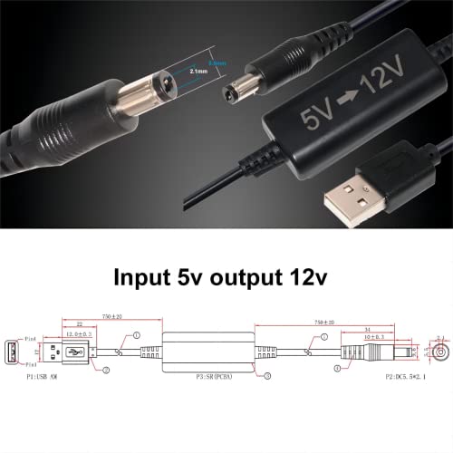 KUNCAN USB 5V to 12V DC - USB Voltage Step Up Converter Cable(12V 0.7A-1A), USB A to 12V DC 5.5 x 2.1mm Adapter with DC Jack 5.5 x 2.5mm & 3.5 x 1.35, 5 Ft 12 Volt DC Power Cable3