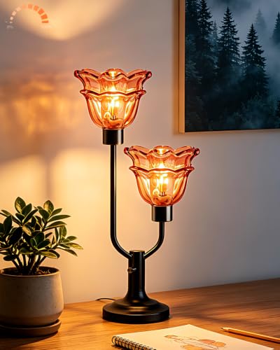 Image of Lightdot Mid Century Modern Table Lamp Red Flower Glass Lamp Gift Dimmable | Nightstand Lamp Vintage Black Desk Lamp 2 Bulbs Included Warmwhite Ambient Bedside Lamps for Living Room Bedroom Home Decor