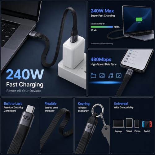 Image of 240W USB4 Fast Charging Cable with Keychain, 40Gbps Data Transfer & 8K Display, Short Tangle-Free USB C Cable for MacBook, iPhone, iPad, Samsung & Laptop (USB Cable(C) Cable+Pouch(Black)