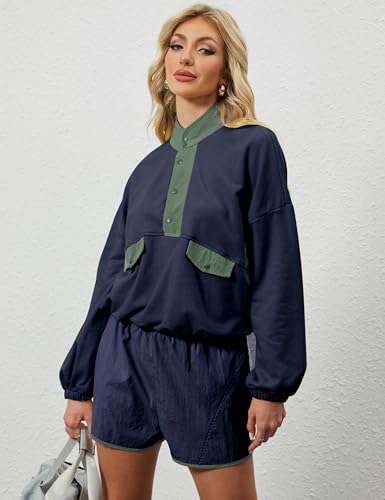 Womens 2 Piece Short Sets Loose Color Block Sweatshirts Short Set and Summer Long Sleeve Pullover Tracksuit with Pocket4