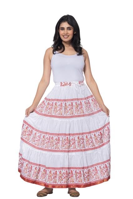 Image of Women's Cotton Printed Long Skirt | Ethnic Folk Print Tiered Maxi Skirt for Women | Elastic Waist Flared Boho Skirt | Traditional Casual for Women