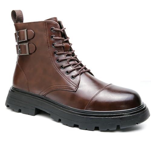 Men's Leather Lace-Up Platform Zipper Combat Botas Fashion Round Head Buckle Strap Lug Bottom Waterproof Chukka Booties Comfort Non-Slip High Top Casual Motorcycle Ankle Boots