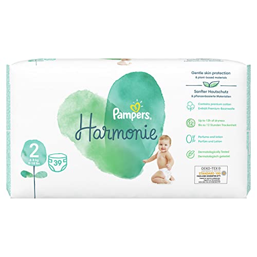 Pampers Harmonie - Paquete esencial de 39 pañales, 4-8 kg, protección suave para la piel e ingredientes a base de plantas, paquete esencial