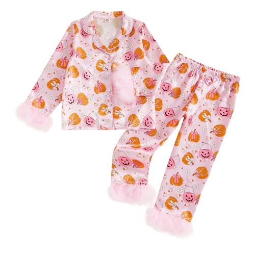 Toddler Baby Girl Satin Pajamas Set Silk Halloween Pjs Furry Cuff Button Down Top Long Pants Sleepwear Fall Clothes