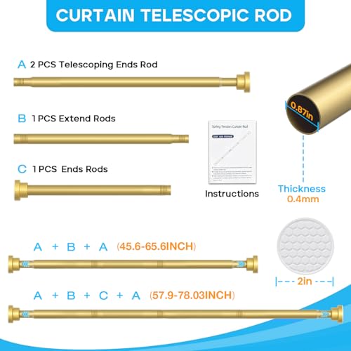 Image of 1Pack Gold Spring Tension Curtain Rod 45-78 Inches, 7 /8 inch Diameter | Adjustable Shower Curtain Rod No Drill, Anti-slip Heavy Duty Spring Curtain Rod for Windows Bathroom Kitchen Closet Doorway