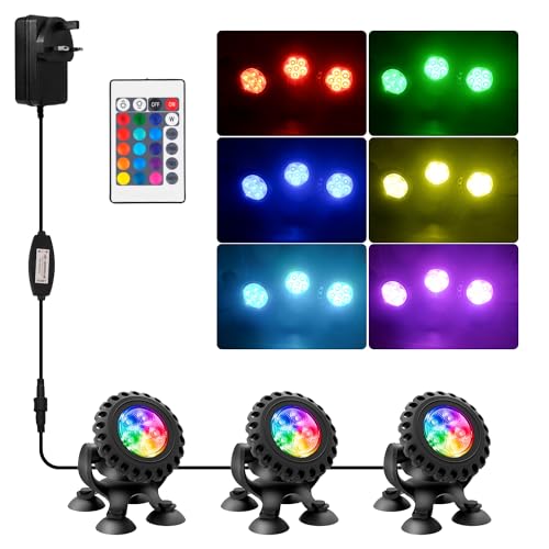 NATPOW Pond Lights, RGB Underwater Spotlights Mains Powered Aquarium Lights with Remote Control, IP68 Waterproof, Multicoloured, Submersible, for Aquarium, Garden, Yard, Pool, Fountain, Pond (3-in-1)