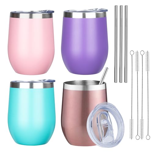 Image of MEZMUT 12oz Insulated Wine Tumbler with Lid Double Wall Vacuum Stainless Steel Wine Glass Coffee Mug Insulated Tumbler Cup for Champaign, Cocktail, Beer (Multi,4 Pack)