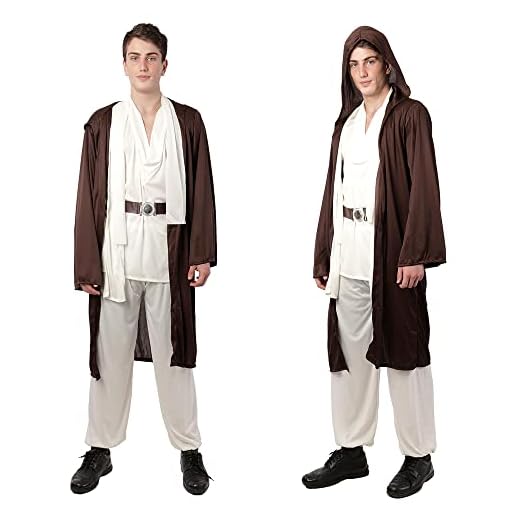 Disfraz de Jedi Medieval para Hombre, Camiseta Pantalones Blancos y Capa con Capucha de Marrón para Disfraz de Carnaval Halloween (XL)