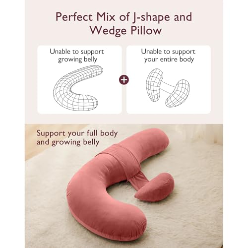 Image of J-Shaped Sleeping Pregnancy Pillow| Removable Velvet Covers| PregnoCare Fibres| Baby Shower Gift, Maternity, Nursing| Full Body Soft-Support Bump, Head, Back, Shoulder, Hips, Legs and Belly(Rose Gold)