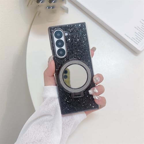 Coque magnétique Z Fold 5 avec miroir support et strass brillants noir