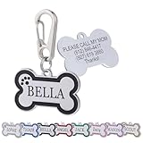 Aimeng Personalized Stainless Steel Pet ID Tags with Glittery Bone Design - DEEP Engraved Dog Tags Engraved for Pets Customized with 5 Lines Dogs and Cats Pets