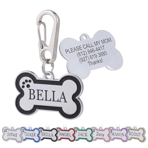Aimeng Personalized Stainless Steel Pet ID Tags with Glittery Bone Design - DEEP Engraved Dog Tags...