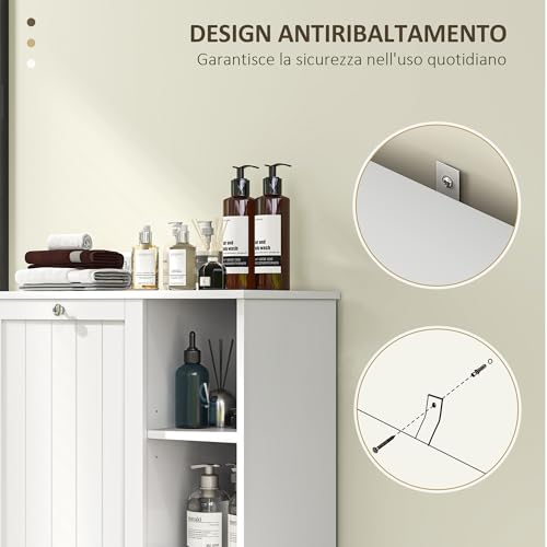 HOMCOM Armario de Baño con Cesto Ropa Sucia Mueble de Baño con Puerta Abatible Estantes Abiertos y Cesta Extraíble 60x38x86 cm Blanco - imagen 6