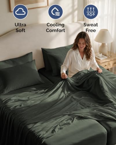 Image of Split King 7 Piece Bed Sheet Set - Breathable & Cooling - Forest Green