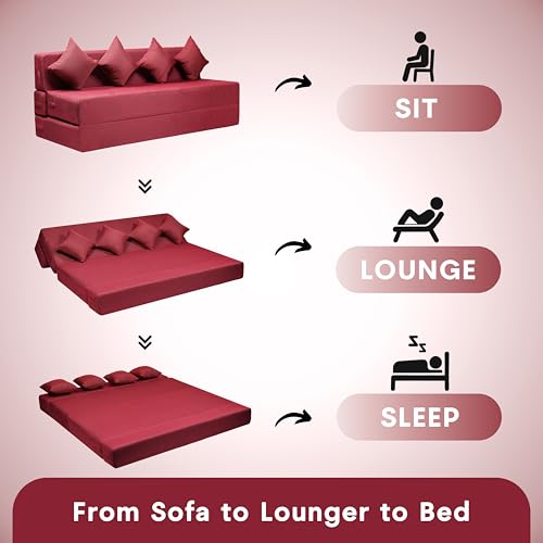 Image of Amazon Brand - Solimo 4 Seater 6 * 6 Jute Fabric Washable Cover Sofa Cum Bed with 4 Cushions 4 Seater Double Foam Fold Out Sofa Cum Bed (Finish Color - Maroon Delivery Condition - Pre-Assembled)