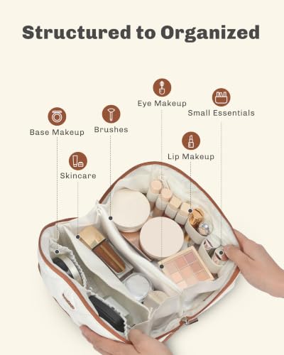 Image of Hynes Eagle Travel Makeup Bag for Women Puffy Cosmetic Organizer Pouch Open Flat Toiletry Bag for Toiletries Brushes Structured Base White