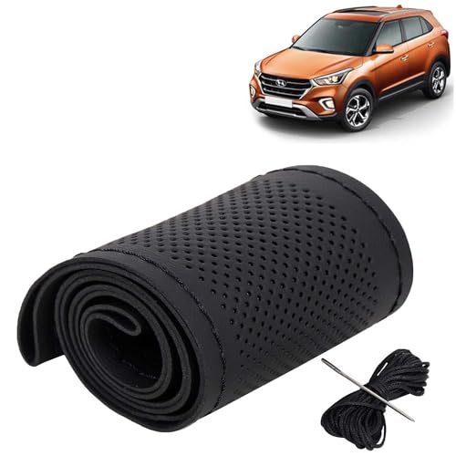 Image of KINGSWAY PU Leatherite Car Steering Cover Sewable Compatible with Hyundai Creta (Year 2018-2019), Black Color with Black Thread, Pack of 1 with Sewing Needle and Thread