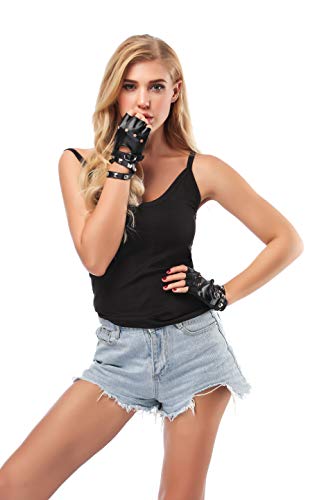 Jisen Women Punk Rivets Belt Up Half Finger Pu Leather Performance Gloves Black #TOP4