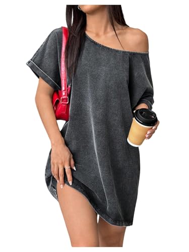 Verdusa Women's Off The Shoulder Mini Dresses Vintage Washed Going Out T Shirt Dress Summer Festival Outfits