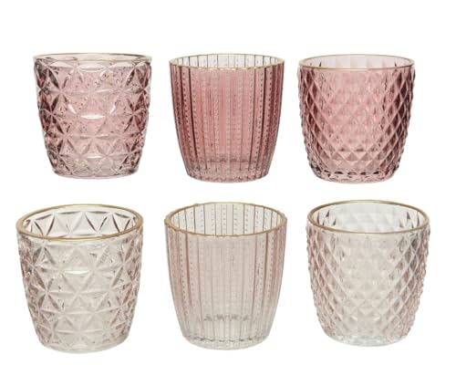 Kaemingk Portatealight in Vetro Rosa con Bordo Oro 1pezzo