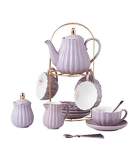CLAY TONIC- 8 OZ Fine China Purple Coffee Cup/Teacup Set, Cups & Saucer, with Teapot-Sugar Bowl-Cream Pitcher Teaspoons and Tea Strainer for Tea/Coffee,17-Pieces- Service for 4 (Purple)