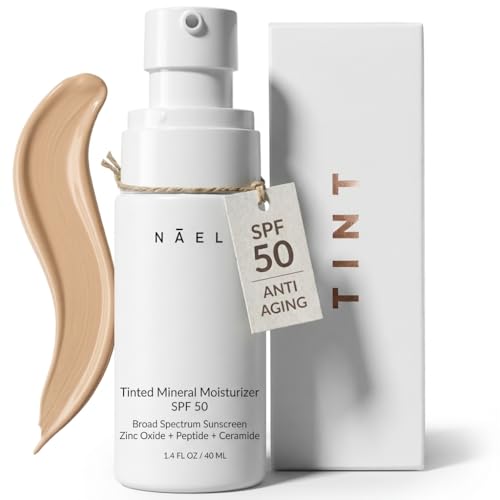 NAELI Anti Aging Tinted Moisturizer SPF 50, Mineral Sunscreen for Face with Zinc Oxide, Peptides & Ceramides, Natural Hydrating Light Tint - 1.4 oz