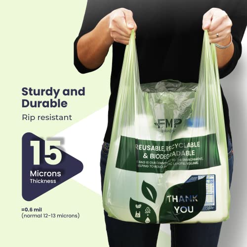 FMP Brands 100 Count Eco Biodegradable Plastic Grocery Bags with Handles, T-Shirt Thank You Shopping Bags, Reusable Plastic Shopping Bags Bulk for Small Business, Restaurant, Groceries, Supermarket