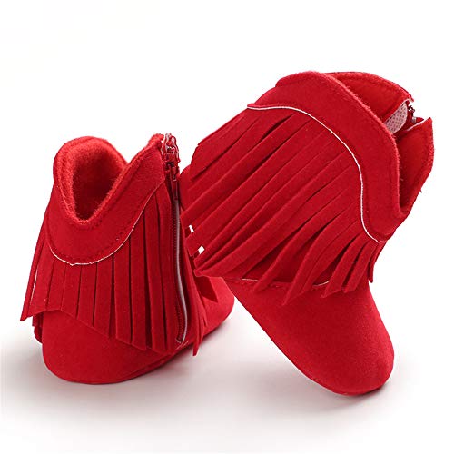 Timatego Baby Girl Cowboy Tassel Boots Side Zipper Non Slip Stay On Booties Infant Toddler First Walker Warm Winter Crib Shoes 3-18 Months, Baby Girl Boots 6-12 Months Infant, 02 Red #TOP2