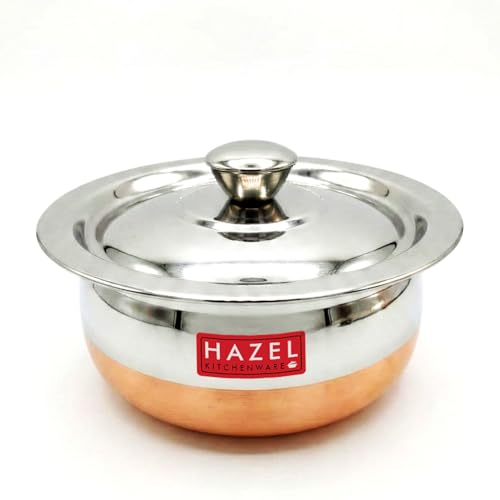 Image of HAZEL Copper Bottom Handi Medium 1200 ml with Lid | Stainless Steel Cookware Handi for Kitchen | Copper Bottom Vessel for Cooking | Steel Utensil for Cooking & Serving