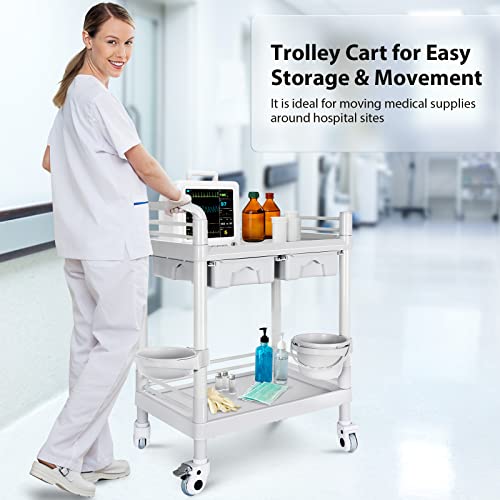 Medical Mobile Trolley Cart 2-Shelf 330 Lbs Max Load Rolling Utility Cart Heavy Duty Beauty Salon Storage Cart With Drawers Dirt Buckets Rotate Wheels 2 Brake For Hospital Dental Clinic Home #TOP6