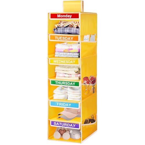 6-Shelf Weekly Closet Hanging Organizer for Kids, YOCOMEY 6-Grid Days of the Week Baby Kids Clothing Organizer Monday through Saturday, Foldable Oxford Cloth Closet Clothes Weekday Storage (New Yellow