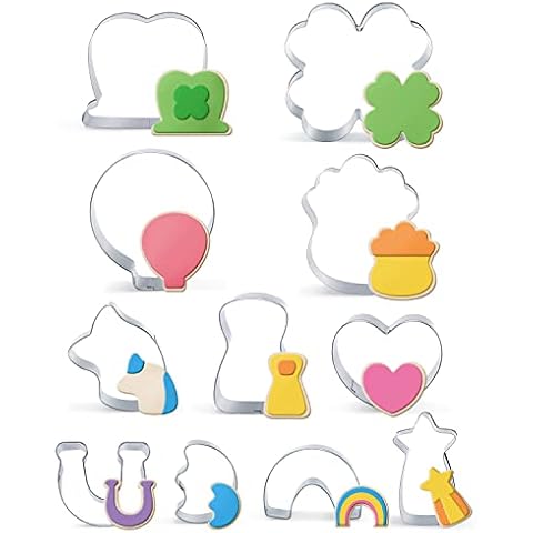 St. Patricks Day Stainless Steel Cookie Cutters, 11pcs Lucky Charm Cookie Cutters Baking Set for Irish Holiday Party Gifts, Shamrock Hat, Four-leaf Clover, Pot of Gold, Horseshoe, Shooting Star Cover