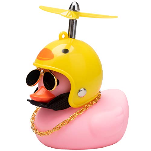 wonuu Pink Duck Car Dashboard Decorations Rubber Duck Car Ornaments Cool Duck with Propeller Helmet Sunglasses Gold Chain