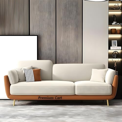 Image of Velvet Contemperory Sofa with Cushion Chaise Lounge Sectional Sofa Perfect for Living Room & Bedroom Guests Home & Office (Brown & Cream, Three Seater)