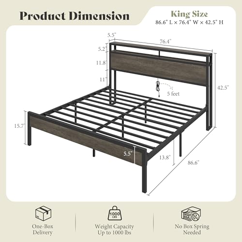Image of AMERLIFE King Size Bed Frame with Storage Headboard & Charging Station, Industrial Metal Platform Bed with Large Under-Bed Storage, Heavy Duty Slats, No Box Spring Needed, Rustic Grey