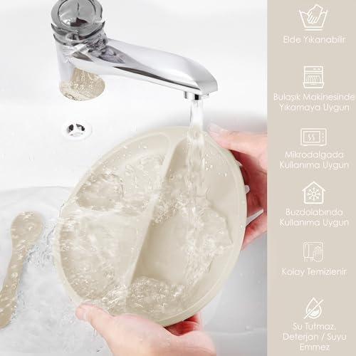 Meleni Baby 2'li Silikon Bebek Beslenme Seti - Vakum Tabanlı Mama Tabağı Ayarlanabilir Silikon Mama Önlüğü Krem - Görsel 3