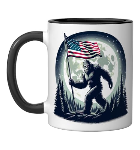 Bigfoot & Sasquatch, Patriotic, USA American Flag, Full Moon Ceramic Mug, Black/White, 11oz
