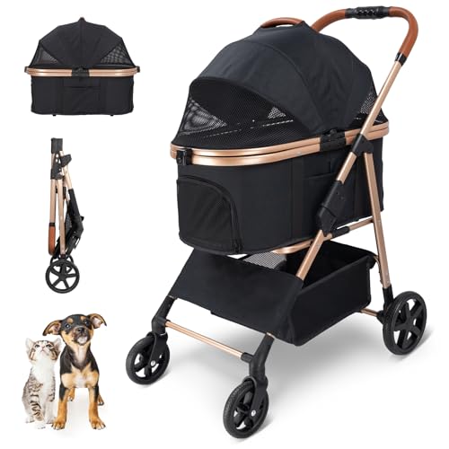 LPOTIUS Pet Stroller for Small/Medium Dogs & Cats, No-Zip Foldable Dog Stroller with Detachable Carrier, Cup Holder and Storage Basket, One-Click Fold, One-Foot Brake, 37 lbs Capacity, Black