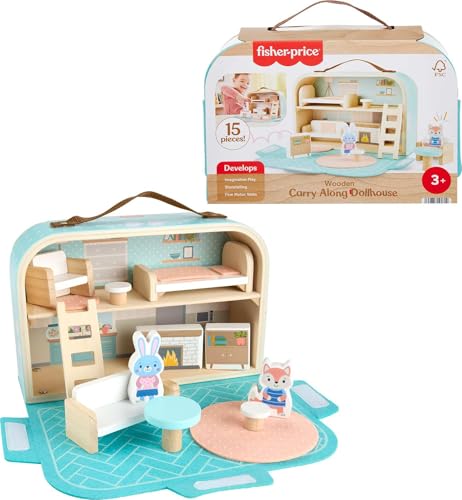 Fisher-Price Wood Pretend Play Toy Dollhouse Carry Along, 15-Piece Wooden Portable Playset for...