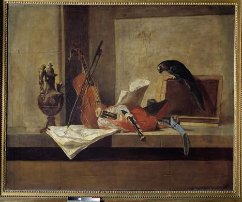 Instruments de musique et peinture d'oiseaux Jean Baptiste Simeon Chardin 60x90cm