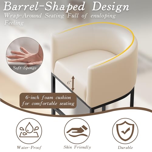 LVHOMLAX 24" Modern Counter Height Bar Stools,PU Leather Upholstered Barrel Barstools with Backs,Island Chairs Bar Stools Set of 1,Metal Black, Beige White Leather - image 8