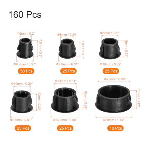 Image of uxcell Black Plastic Hole Plugs, 160pcs 6 Sizes, 0.2 inch /0.24 inch /0.31 inch /0.39 inch /0.51 inch /0.98 inch, Flush Type, Locking, Snap-in Design, Furniture Cabinet Insert End Caps