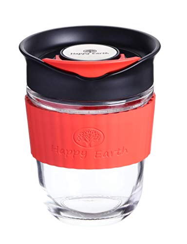 GUSTO M (Lustre) de Happy Earth (350 ml, taza de viaje de vidrio de borosilicato con funda de silicona y tapa a prueba de salpicaduras, sin BPA)