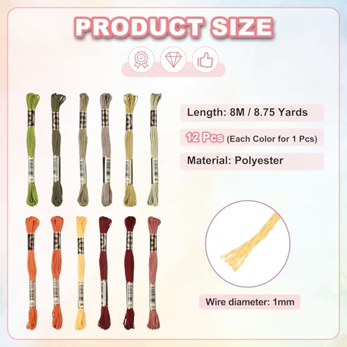 Image of PATIKIL 12 Skeins Embroidery Floss Polyester Embroidery Threads Bracelets String for Cross-Stitch Hand Embroidery, Autumn Colors