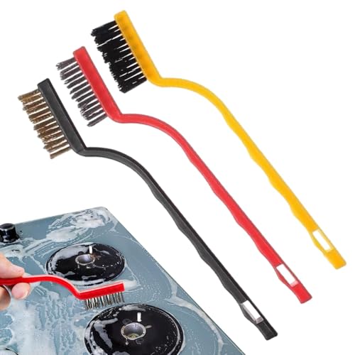 Tuxuseo Cepillo de limpieza para superficies de cocción, cepillo de limpieza para superficies de cocción, 3 cepillos de alambre de cobre con cerdas duras para limpiar, diseño de orificio colgante