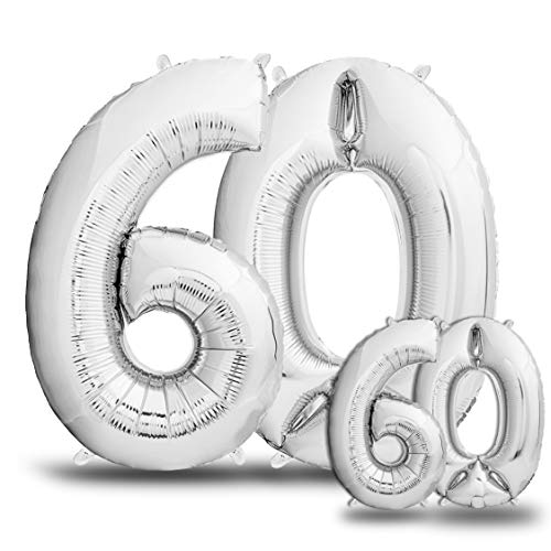 Globos de Cumpleãnos 60 Plateado - 101 CM + 40 CM Globos 60 Años - Globos Numero 60 - Decoracion 60 Cumpleaños Mujer Hombre - Globos Numeros Gigantes Para Fiestas - Vuelan con Helio