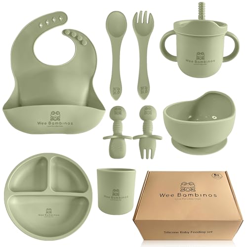 Image of Wee Bambinos Silicone Baby Feeding Set - 10 Pcs, Plates, Bowls & Utensils for Baby Led Weaning - Green